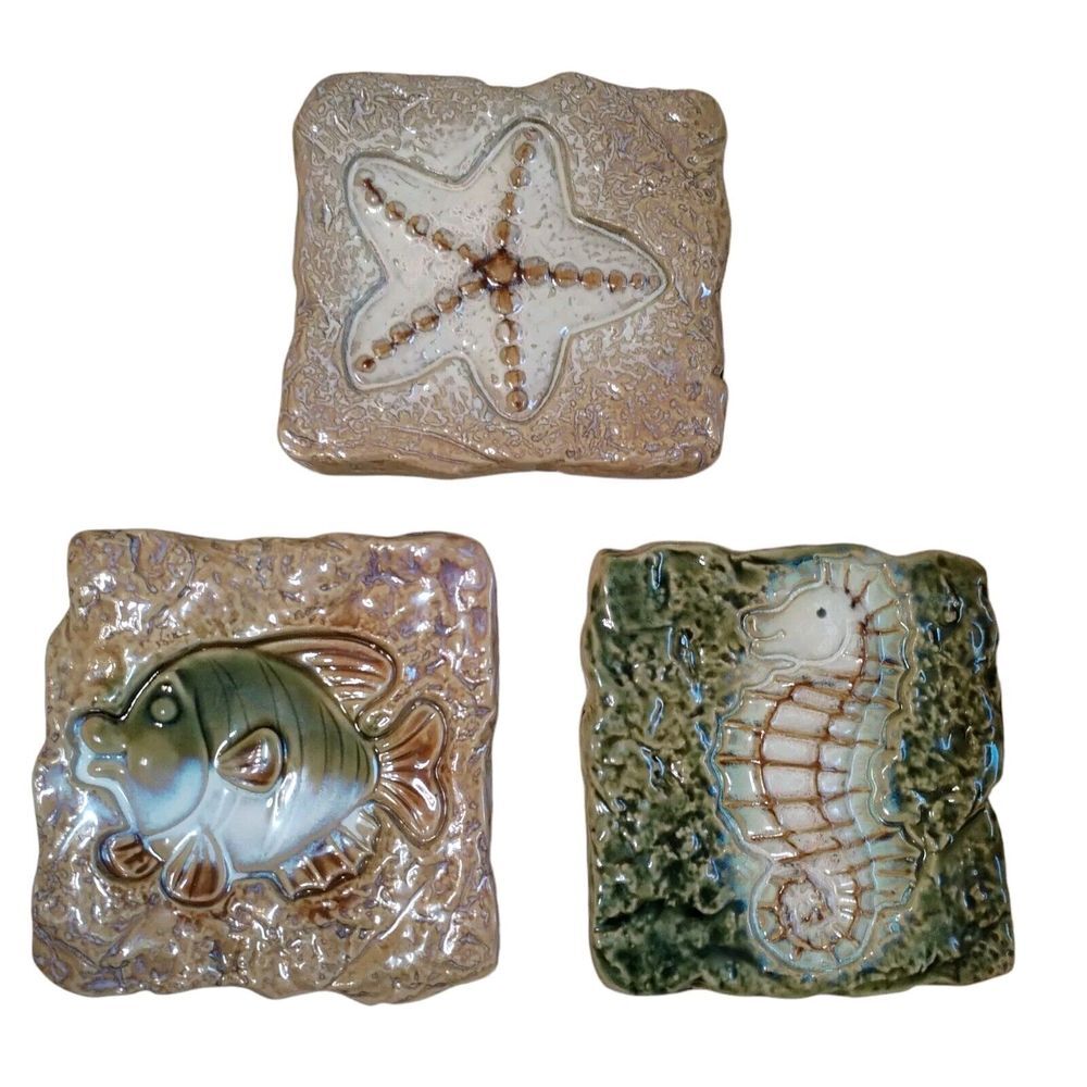 Ceramic Art Wall Tile Raised Relief Fish Starfish Sea Horse 5 Inches Earth Tones